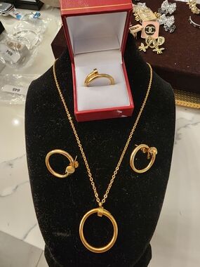 Gold Plated Circle Pendant Necklace & Hoop Earring Set